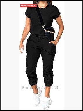 2 Piece Tracksuit Set Short Sleeve Top Jogger Pants with Pockets